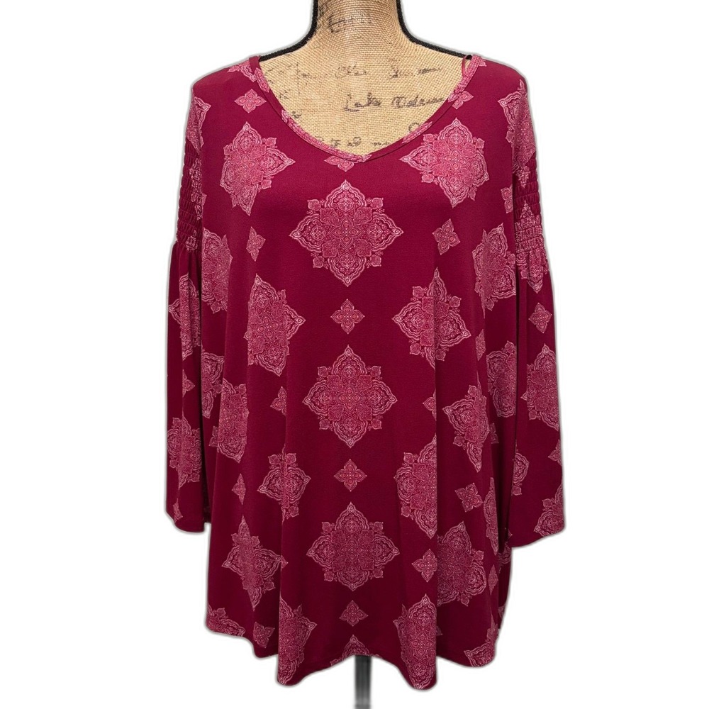 EVRI Bell Sleeve V-Neck Blouse Burgundy‎ Medallion Bandana Print Boho Size 2X